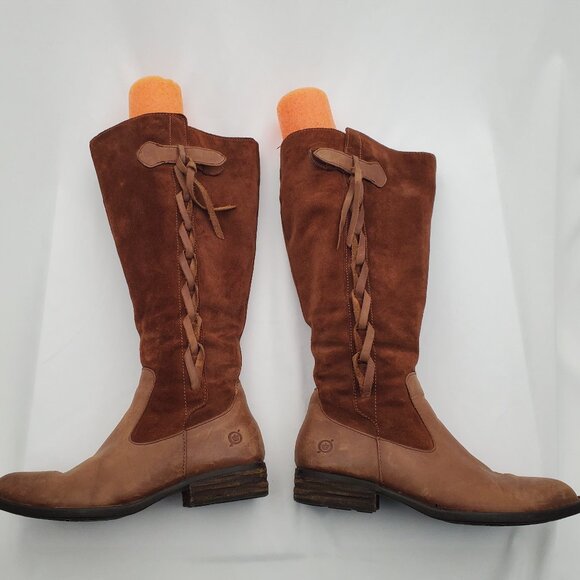 BORN Wide Calf Two-Tone Leather Suede Knee High Riding Boots Lace Up look 6WC - Picture 2 of 10